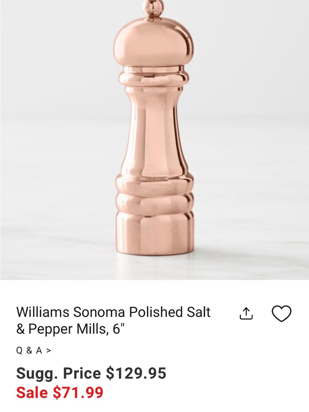 Williams Sonoma Polished Copper SALT Mill